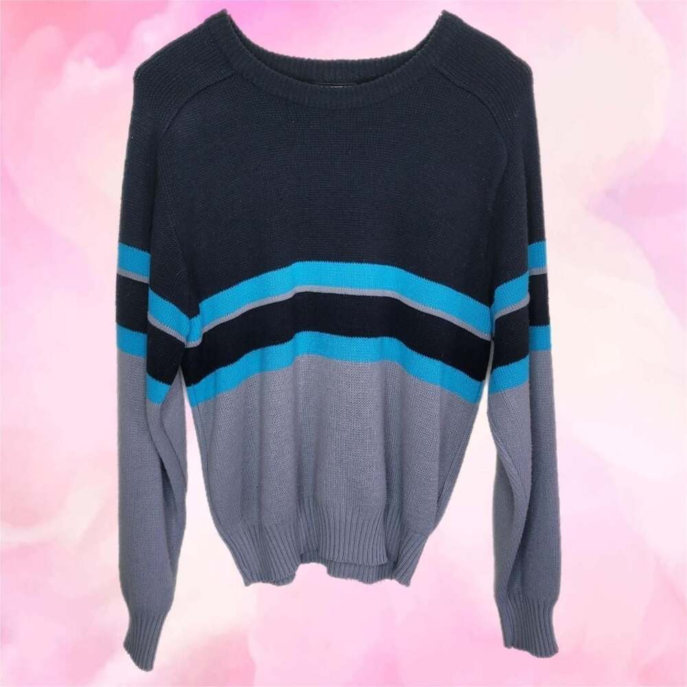 Vintage Spettro Korean Retro Colorblock Stripe Sweater Navy Grey Blue